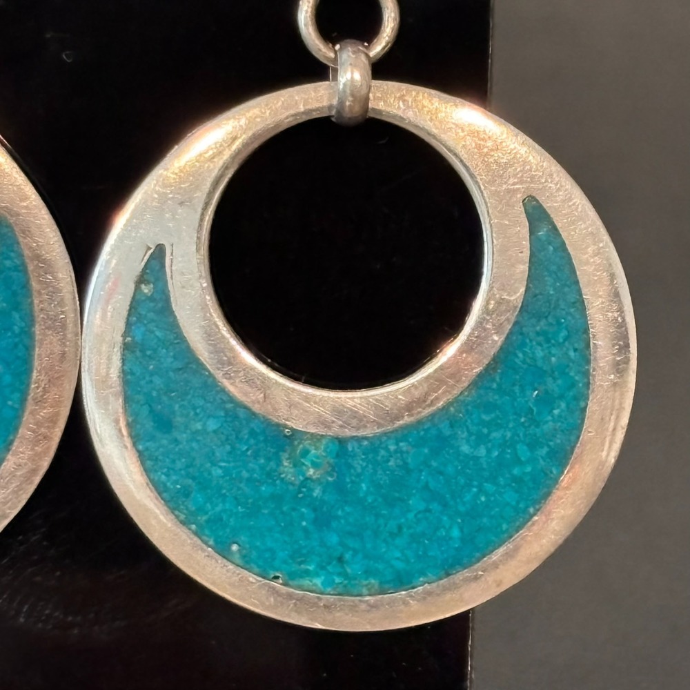 Vintage Signed Taxco Mexico Sterling SIlver Turquoise Inlaid Dangle Earrings - Picture 2 of 8